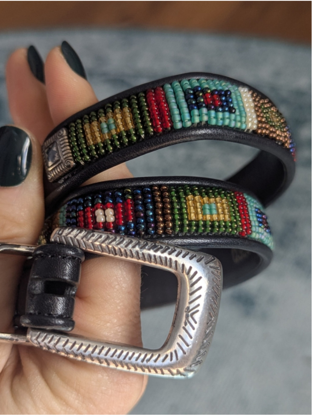Vintage Brighton Beaded Leather Belt Size 28 S Southwestern Black - Read/Flaw